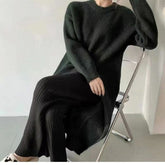 Retro Split Woolen Dress Women Sexy Autumn White Solid O-neck Soft Long Knitted Dresses Women Clothing Winter Knitwear Chic