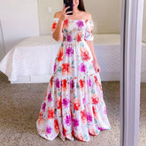 Hoobd Sexy Off The Shoulder Tube Top Dress Butterfly Rainbow Floral Print Dress Ladies Elegant Slim Summer Bohemian Party Maxi Dresses
