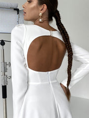 Backless Square Collar Vintage Midi Dress Women Long Sleeve Sexy Elegant White Dress For Party 2023 New Arrivals