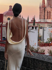 Hoobd Spaghetti Strap Sexy Backless Satin Slip Maxi Dress For Women Fashion Outfits Sleeveless Gown Long Dresses Clothes