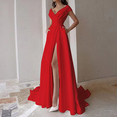 Female Elegant Temperament Party Dresses Fashion V-neck Sleeveless High Waist Long Dress Solid Pleated Split Women Evening Dress