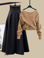 Hoobd2023 Autumn Winter Skirt Sets For Women Outfits Korean Casual Knitwears Pullover Sweater And High Waist Skirts Two Piece Sets