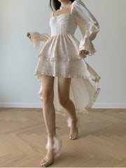 Sexy Elegant Floral Dress Women Vintage Long Sleeve Double Ruffles Patchwork Dress Irregular Streetwear French Style
