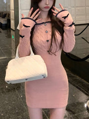 Winter Elegant Knitted Dress Women Kawaii Clothing Bodycon Y2k Mini Dress Female Slim One Piece Dress Korean Fashion Chic