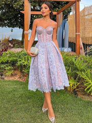 2023 Spring Summer Formal Evening Dress Women's Lace Embroidery Strapless A-line Tunic Midi Birthday Party Dresses White Purple