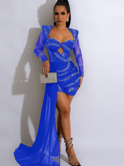Beautiful Rhinestones Long Straps Mini Dress Womens New Chic Cut-Out Sheer Mesh Sequins Party Dresses Christmas Outfits