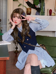 Autumn Sweet Striped Dress Women College Style Loose Casual Mini Dress Female Long Sleeve Single-breasted Chic Korean Dress 2023