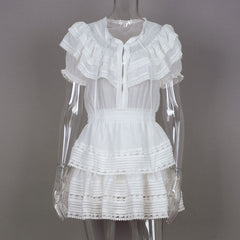 High Quality Short Sleeve White Lace Patchwork Women Holiday and Beach Style Mini Dress