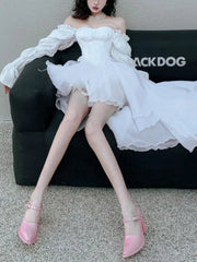 --White Evening Party Princess Dress Women France Vintage Backless Sweet Dresses Female Off Shoulder Elegant Dress Summer 2024 New