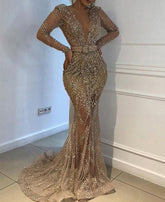 Hoobd Sexy Deep V Long Sleeve Fishtail Evening Dress