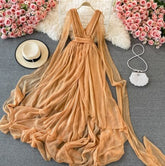 Autumn Khaki/White Bandage Chiffon Long Dress Sexy Deep V-Neck Sleeveless High Waist Vestidos Vacation Beach Maxi Robe 2023 New