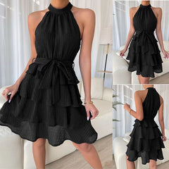 Hoobd Women Soild Ruffle Design Dress Halter Neck Dress Casual Sweet Style Dress Grace Sleeveless Dress Women Summer Dress
