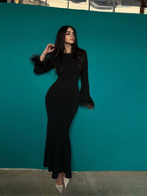 Women's Feather Cuffs Maxi Dresses Advanced Black Retract Waist Bodycon Dress 2023 Spring Temperament Ladies O Neck Clothes