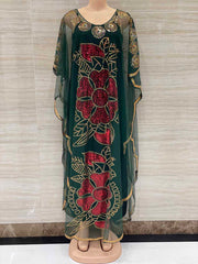 New Style African Women's Clothing Dashiki Abaya Fashion Gauze Fabric Sequins Bat Sleeve Loose Dress Free Size Single Piece