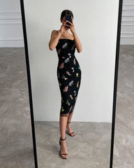 2023 Sexy Mesh Dress Strapless Floral Embroidery Suspender Midi Dress Sleeveless High Waist Sheath Dress Elegant Vestidos
