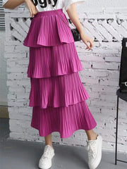 2023 New Spring Summer Women High Waist Slim Long Skirt Korean Sweet Solid Color Multi-layer Pleated Hem Cake Skirt 7 Colors