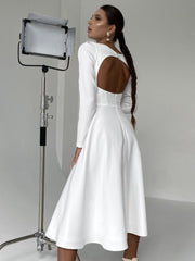 Backless Square Collar Vintage Midi Dress Women Long Sleeve Sexy Elegant White Dress For Party 2023 New Arrivals