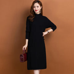 Autumn and Winter New Wool Knitted Long Sleeve Solid Versatile Half High Collar Knee Length Dress Loose Bottom Wool Dress