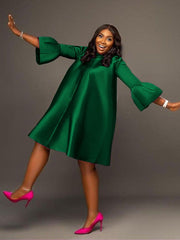 Hoobd Women Loose Dress Three Quarter Sleeves Oversized Yellow Green Pink Casual Fashion Ladies Classy Summer Autumn Robes Gowns 2023