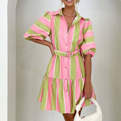 Fashion Striped Print Button Shirt Dress Women Casual Lantern Sleeve Mini Dress Elegant Loose Ladies Belted A-Line Beach Dresses