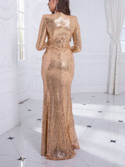 Formal Dinner V Neck Long Sleeve Gold Stretch Sequin Evening Party Dress Split Full Lining Pad Shoulder Prom Gown Winter Women