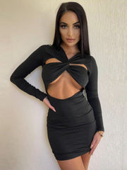 Autumn Hollow Out Mini Dress For Women Fashion Robe Black Long Sleeve Bodycon Ruched Short Dress Vestido