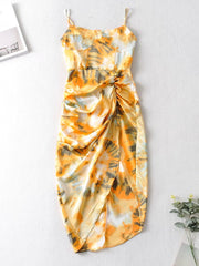 Women Vintage Yellow Tie dye Flower print Spaghetti Strap Dress Hem Slim Waist Slit Irregular Long Dresses Sling Vestido