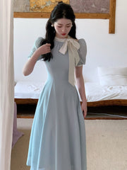 2023 Summer Elegant Midi Dress Women Casual Short Sleeve Beach Even Party Dress Office Lady Pure Color One Piece Dress Korean