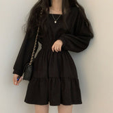 Hoobd Women Long Sleeve Dresses Solid Color Square Collar A-line Sweet Vintage Design High Waist Mini Length Soft Chic Korean Elegant