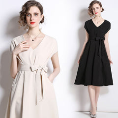 2023 Summer Women Elegant Midi Dress Solid Color Black Apricot Short Sleeve Classic French Dresses Luxury Evening Partry Vestido