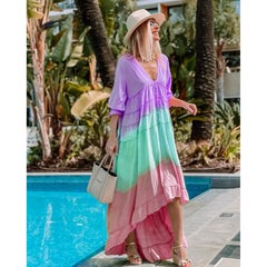 Fashion Patchwork Irregular Dress Women's Summer Sexy Deep V Neck Loose Maxi Dresses Half Sleeve Folds Beach Vacation Vestido