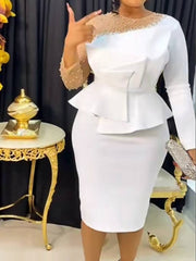 Hoobd Women White Party Dress Sexy Long Sleeve Beading Mesh Patchwork Peplum Elegant Knee Length Christmas Event Evening African Gowns