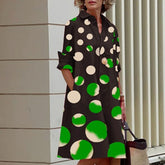 Hoobd Retro Ladies Polka Dot Single Breasted A-line Dress Fashion Street Pocket Polo Neck Dress Spring Elegant Long Sleeve Party Dress