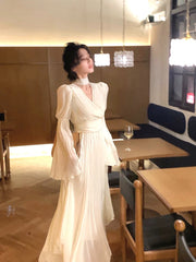 Fairy Pure Color Midi Dress Woman French Elegant Evening Party Dress Long Sleeve 2023 Spring One Piece Dress Korea Fashion Chic
