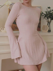 Backless Chic Solid Long Sleeve Autumn Dress Women Korean Fashion Basic Mini Dresses Slim Elegant Clothes Ladies Robe