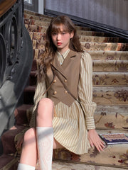 Autumn Sweet Striped Dress Women College Style Loose Casual Mini Dress Female Long Sleeve Single-breasted Chic Korean Dress 2023