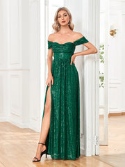 2023 Women Green Sexy Off-shoulder Sequin Dress Elegant Evening Dress Party Maxi Dress Split Ladies Trailing Dresses