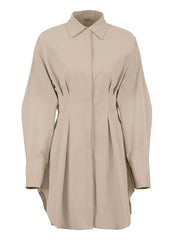 Autumn Winter Bodycon Dress Women Khaki Long Sleeve Pleated Shirt Dress Office Ladies Solid Lapel Casual Mini Dresss