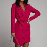 Hoobd Elegant Deep V Neck Blazer Straight Dress Women Sexy Tie-up Belted Office Mini Dress Spring Autumn Long Sleeve Solid Party Dress
