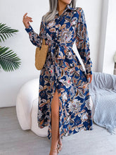 2023 Spring Summer Skinny Long Dress Elegant Vintage Print Shirt Casual Lapel Button Slit Lace Up Long Sleeve Maxi Vestidos