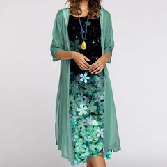 Hoobd Fashion Women Dress Autumn Sleeveless O-neck Print Loose Party Dresses +Cardigan Shawl Elegant Casual Lady Two Piece Set Dress