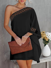 Hoobd Contrast Lace One Shoulder Casual Dress Women Long Sleeve Mini Party Dress