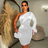 Sexy Feather Hot Rhinestone One Shoulder Party Club Mini Dress Women Velvet Long Sleeve Backless Elegant Outfit Evening Dresses