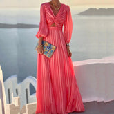 Hoobd Sexy Deep V Neck Draped Satin Party Dress Women Spring Solid Hem Pleated Long Dress Autumn Long Sleeve Maxi Beach Dress Vestidos