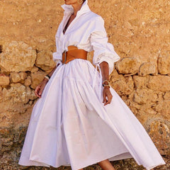 Hoobd2023 Chic Solid Color Lapel Shirt Dress Women Spring Button-up Long Pullover Dress New Autumn Long Sleeve Hem Pleated Maxi Dress