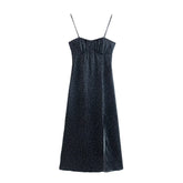 2023 Holiday Beach New Fashion Long Vestido Polka Dots Back Zip Split Black Sundress for Women Spaghetti Strap Elegant