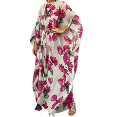 Autumn Spring Women Fashion Flowers Print O-neck Shawl Lace-up Large Swing Dress Casual Loose Waist Three-quarter Sleeve Dresses
