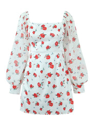 2023 Women French Style Rose Flower Print Satin Dress Vintage Puff Long Sleeve Ladies Holiday Mini Robe