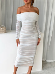 off shoulder ruched mesh bodycon dress