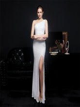 Elegant One Shoulder Slit Gold Sequin Evening Dress 2023 Women Beads Party Maxi Dress